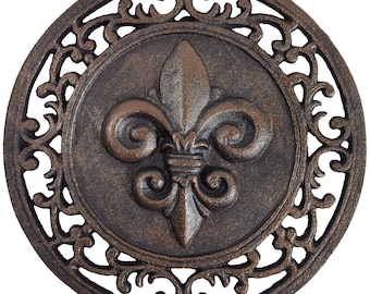 Cast Iron Decorative plaque, Fleur de lis decor Trivet or Wall Art Decoration, Beautiful Rustic Intricate Design - Lulu Decor