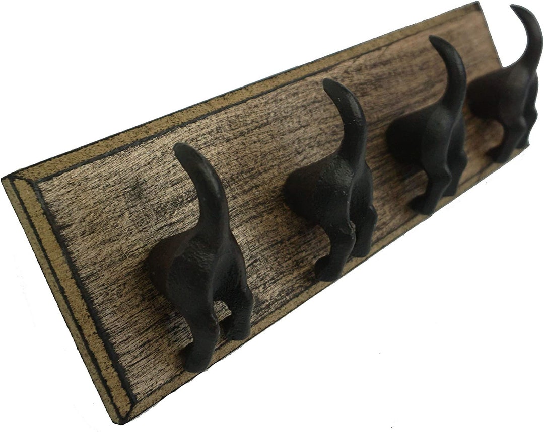 Cast Iron Dog Tail Key Hooks, 4 Hooks on a Wood, Rustic Key Organizer