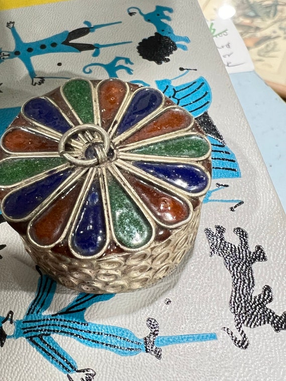 Vintage Peacock Round Enamel Lid Metal Trinket Pi… - image 3