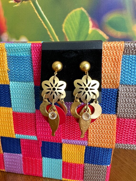 Vintage Gold Tone Floral Fish with Red Circle Ear… - image 2