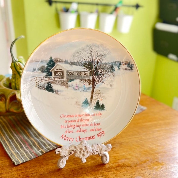 Vintage Collectible Plate Christmas 1979 Robert Laessig Skating Scene watercolor Made in Japan