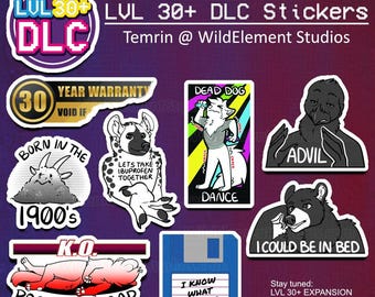 LVL 30+ DLC Sticker Collection - Millennial, advil, ibuprofen, furry, 1900s, warranty, floppy disk, etc.