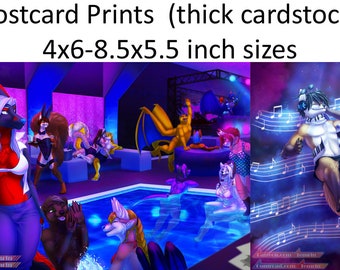 Small / Postcard Prints - Anthro Furry Fantasy Nightclub Club Party Music Fox Headphones Digital Art Dragon Otter Thylacine - Made in Canada