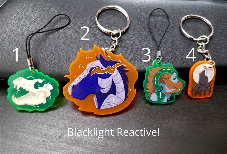 LAST STOCK Acrylic Charm Blacklight UV Reactive Keychain Wolf moon howl glow furry art animal awoo skull cyborg horse nightmare halloween image 2