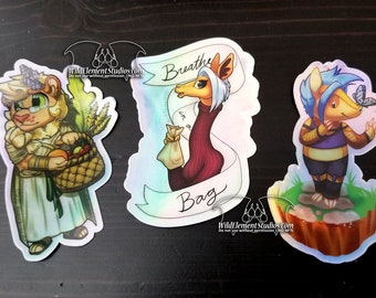 Holographic Vinyl Stickers - Anthro, furry, fantasy, ACNH, Hades, Glendale, Breathe in a bag, cartoon, cute, chibi, anxiety, mental health