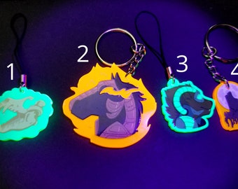 Last Stock: Acrylic Charm - Blacklight UV Reactive Keychain glow furry art animal awoo skull cyborg horse nightmare halloween - Made in UK