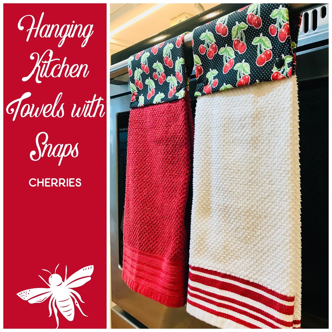Hanging Towel, Cherry Kitchen Towel, Snap on Towel, Red Kitchen Towel
