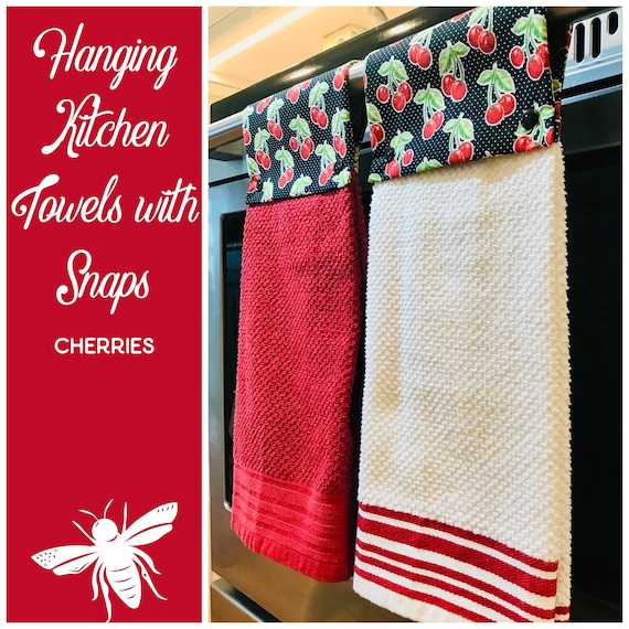 Hanging Towel, Cherry Kitchen Towel, Snap on Towel, Red Kitchen