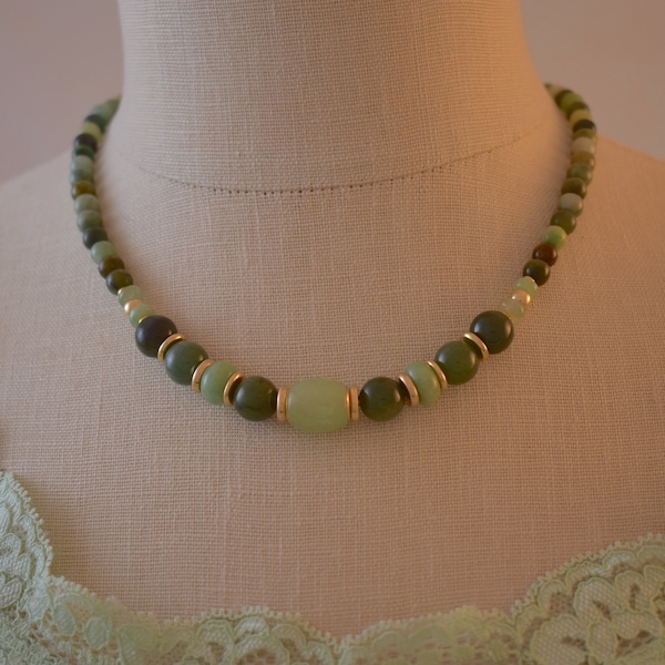 Natural jade bead women's necklace, jade & gold filled beads, gemstone beaded necklace, handmade women's jewelry.