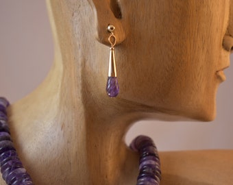 Carved amethyst earrings, gold fill cones, 14KT gold filled posts, gemstone amethyst earrings, dangle & drop earrings, handmade earrings.