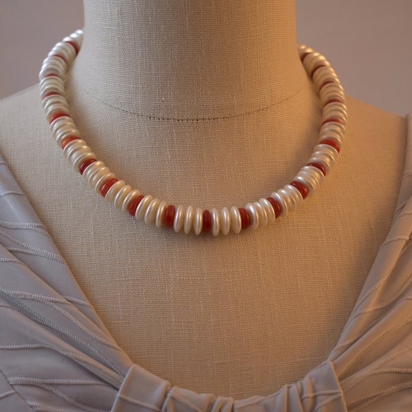 Lustrous,  Mother of Pearl & red coral, gold filled clasp, women's beaded necklace, handmade women's jewelry by Rochelle Fiorito Necklaces