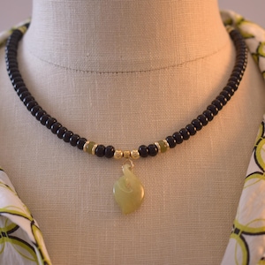 Carved Burma jade pendant, black agate bead necklace,  Burma jade infinity pendant, handmade woman necklace, gemstone carved jade necklace.