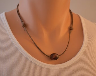 Brown banded agate bead & brown leather, handmade mens leather and stone bead choker,  mens jewelry, barrel shaped agate bead on leather.