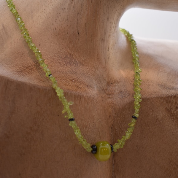 Womens beaded necklace, peridot chip & dragon vein bead, stainless steel clasp, handmade beaded necklace, by Rochelle Fiorito Necklaces.