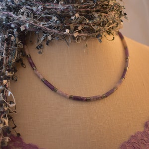Lepidolite Tube Bead Choker: Stainless Steel Clasp, Handmade Necklace