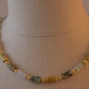 Carved Burma Jade Necklace: Bamboo Bead, Pearl, 14kt Gold Filled