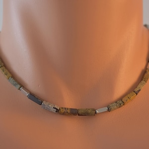 Mens beaded necklace, jasper rectangle beads, stainless clasp, mens jewelry, surfer beach necklace, gemstone & stainless bead man necklace.