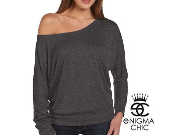 Off the Shoulder Top Long Sleeve in Charcoal Dark Gray, Dolman Long Sleeve Top by Enigma Chic