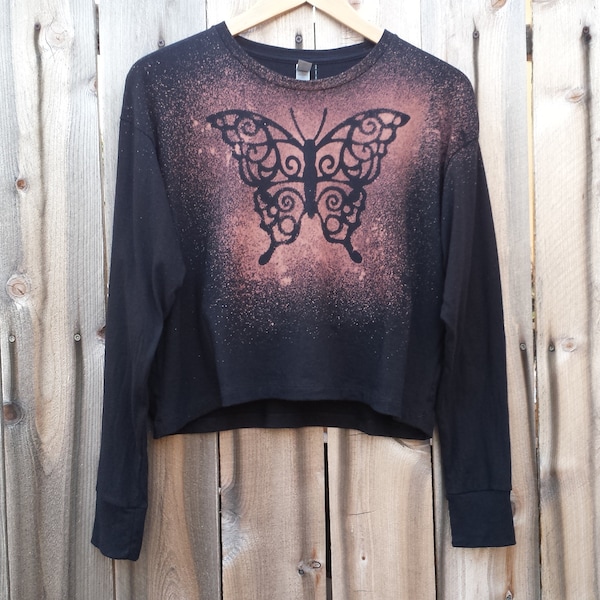 Butterfly Crop Top, One of a Kind Crop Top, Monarch Butterfly Crop Top, Butterfly Long Sleeve Crop Top an enigma chic original