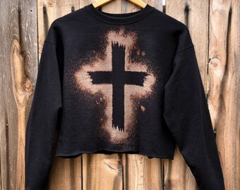 Cross Crop Sweatshirt, Cross One of a Kind Sweatshirt, Cross Custom Sweatshirt, Distressed Cross Sweatshirt handmade by Enigma Chic