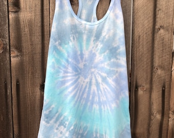 Sky Blue Spiral Tie Dye Tank Top, Dreamy Tie Dye Tank Top, One of a Kind Tank Top, Sky Blue Racerback Tank Top by Enigma Chic