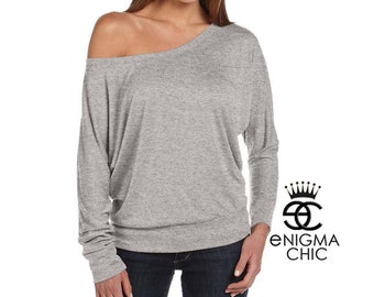 Off the Shoulder Top Long Sleeve in Light Heather Gray by Enigma Chic