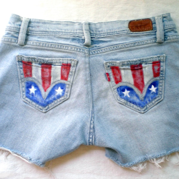 LEVIS USA Flag Denim Shorts Hand Painted, LEVIS July 4th Destroyed Boho Denim Shorts, Levis July 4th Denim Shorts