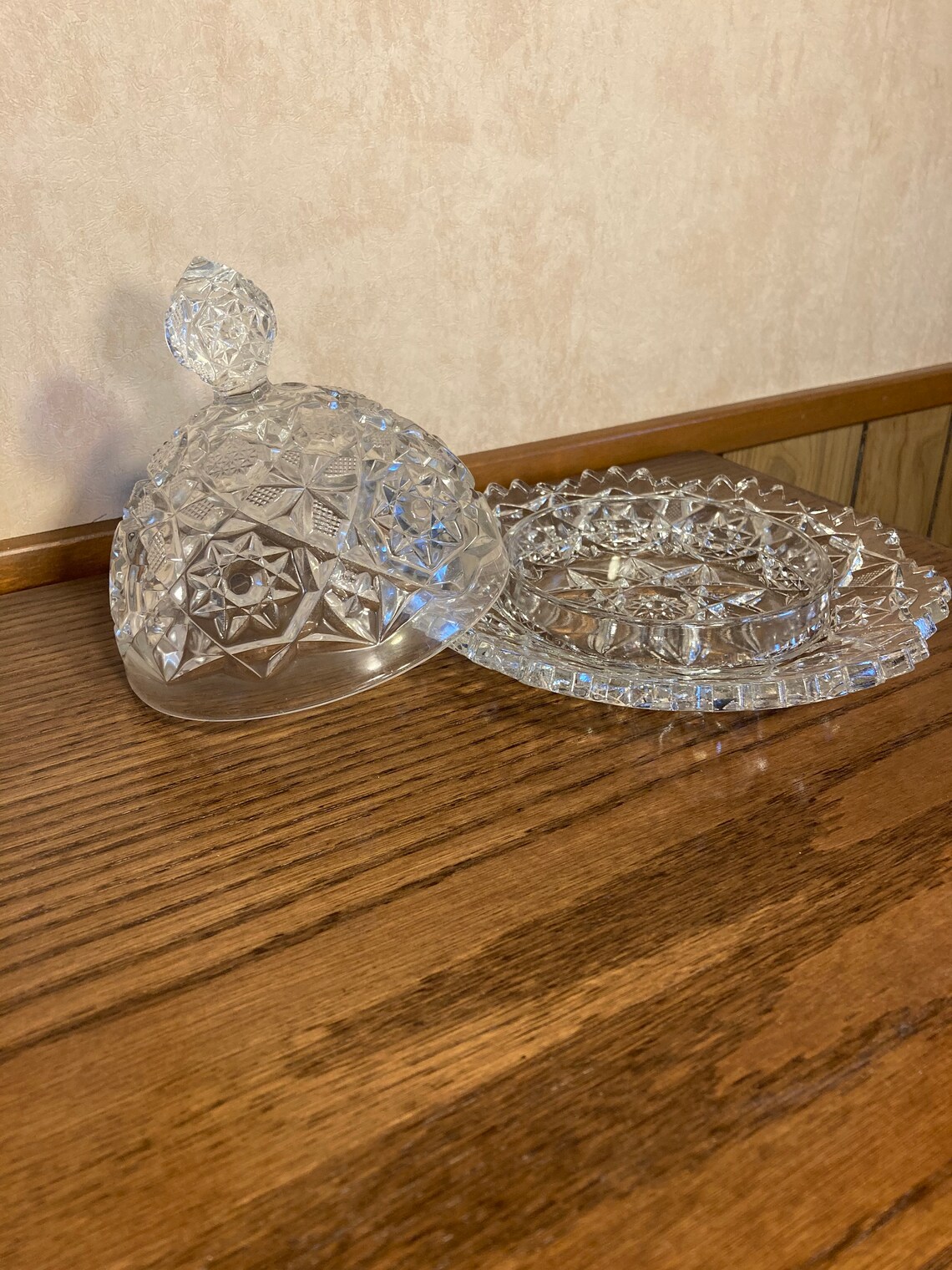 Vintage Diamond Cut Round Glass Butter Dish Etsy