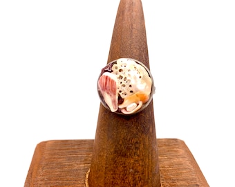 Adjustable abalone and seashell ring, beach ring