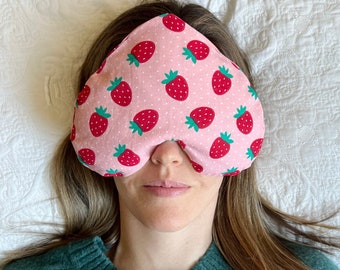 WASHABLE eye pillow, Strawberry fabric, compress, light blocker, cold hot pack, Scented with Lavender or Unscented, Soft Cotton