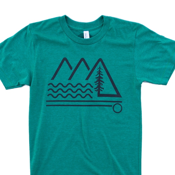 Vintage Green mountain shirt, print on Bella + Canvas tee, original graphic design great for nature hikes & casual wear, green wanderlust!