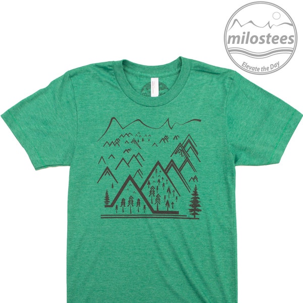 Elements of nature, simple line design of mountains peaks and trees on vintage green hue by Bella Canvas, outdoor wear for him, city man tee