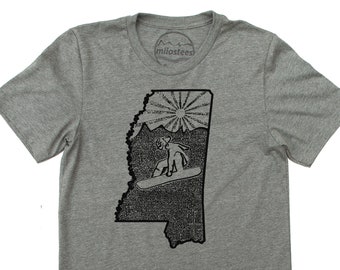 Large Mississippi tee with snowboarding illustration of snowboarder skiing the Magnolia state, print on soft grey shirt great for adventure