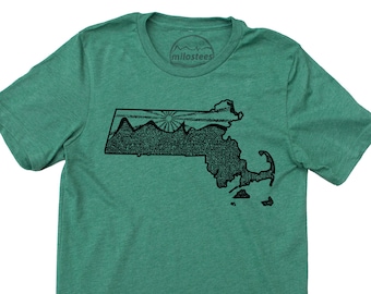 Massachusetts Shirt- nature graphic hand printed on soft 50/50 tees for daily wear in Boston or Patriot games and hiking halibut point, Mass