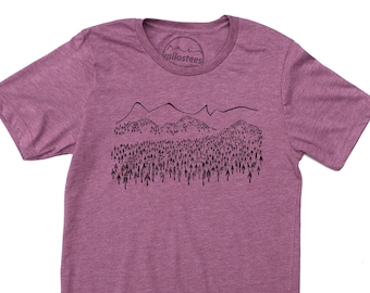 The Mountains are Calling, grab our soft mountain and trees tee printed by hand and hike nature trails, great for casual wear or adventure!