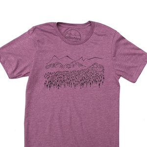 The Mountains are Calling, grab our soft mountain and trees tee printed by hand and hike nature trails, great for casual wear or adventure!