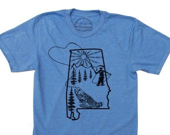 Alabama Apparel, fly fish graphic on soft blue T for outdoorsy wear or fishing the Chattahoochee river, Montgomery gift for him, Mobile tee!