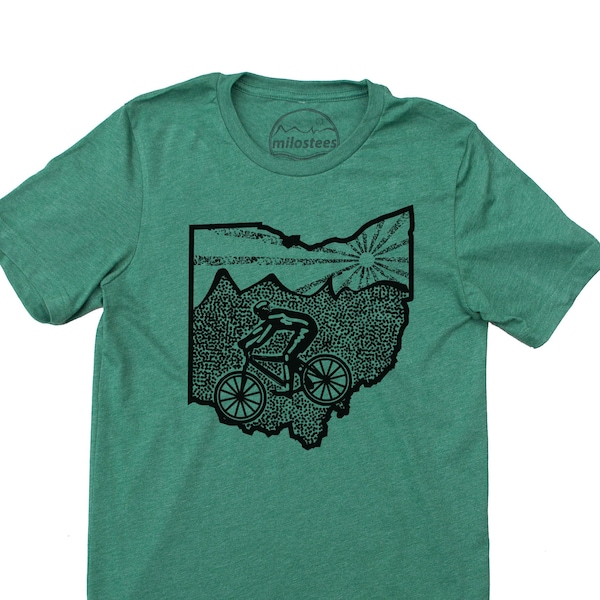 Ohio home T-shirt, mountain bike print on soft green shirt in a 50/50 blend that is great for Browns games or MTB bike rides at MetroParks!