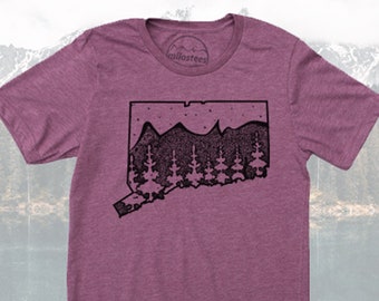 Connecticut Home Shirt- nature design printed on soft 50/50 tee in a plum hue for outdoor hikes in the Berkshires, Bristol or Hartford, CT!