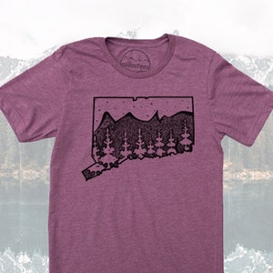 Connecticut Home Shirt- nature design printed on soft 50/50 tee in a plum hue for outdoor hikes in the Berkshires, Bristol or Hartford, CT!