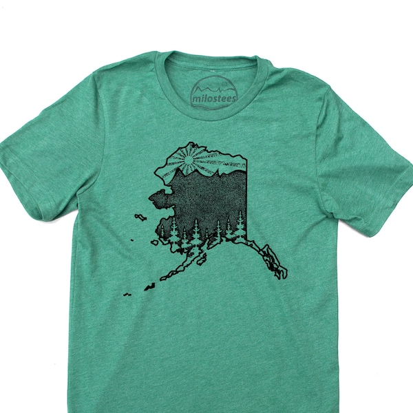 Alaska home shirt Alaskan style with mountains, trees, and sun hand screen printed on a silky 50/50 blend sure to be a favorite, Anchorage!