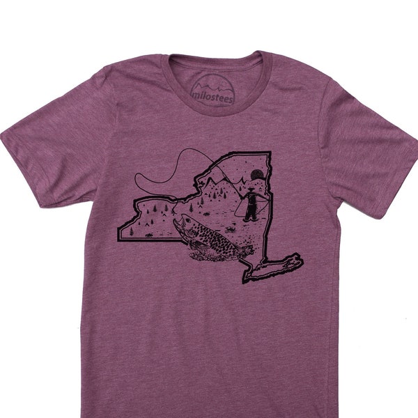 New York fly Fishing shirt with graphic print of fisherman casting a fly in the state of New York, soft 50/50 tee for fishing the Catskills!