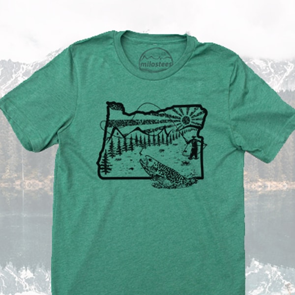 Fly Fish Oregon shirt, original graphic of a fisherman casting a fly in Oregon, soft 50/50 tee great for fishing days or casual wear, fish!!