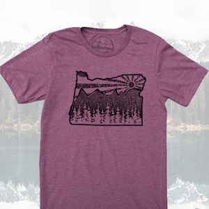 Oregon T-shirt, Portland print on plum hue, Northwest apparel for OR coast hikes or Salem wear, sustainable made home shirt, wilderness tee!