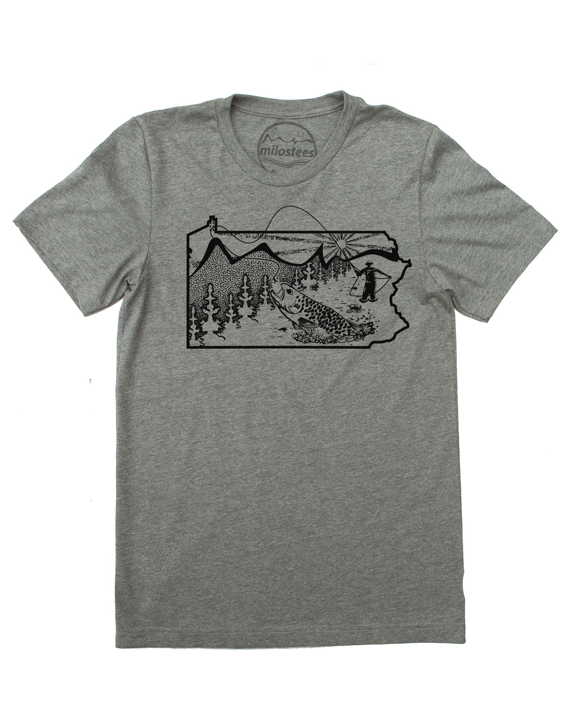 Pennsylvania T Shirt, Fisherman Apparel with Original Fly Fish Illustration On Soft Tee for Fishing The Delaware River or Pittsburgh Wear!