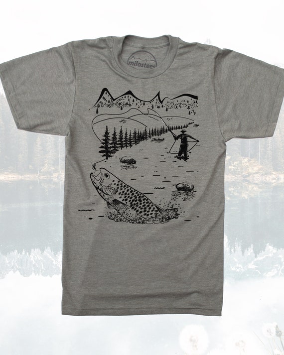Fly Fishing Shirt, Fisherman Art on Army Green Hue for Fly Fisherman  Adventures and City Slicking, Outdoorsy Style, Wilderness Apparel Him. 