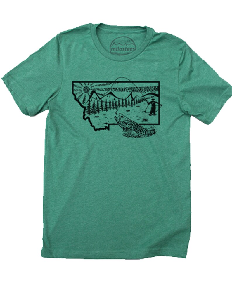 Montana Home T Shirt With Fly Fishing Style, Graphic Screen Print of a Fisherman in Montana