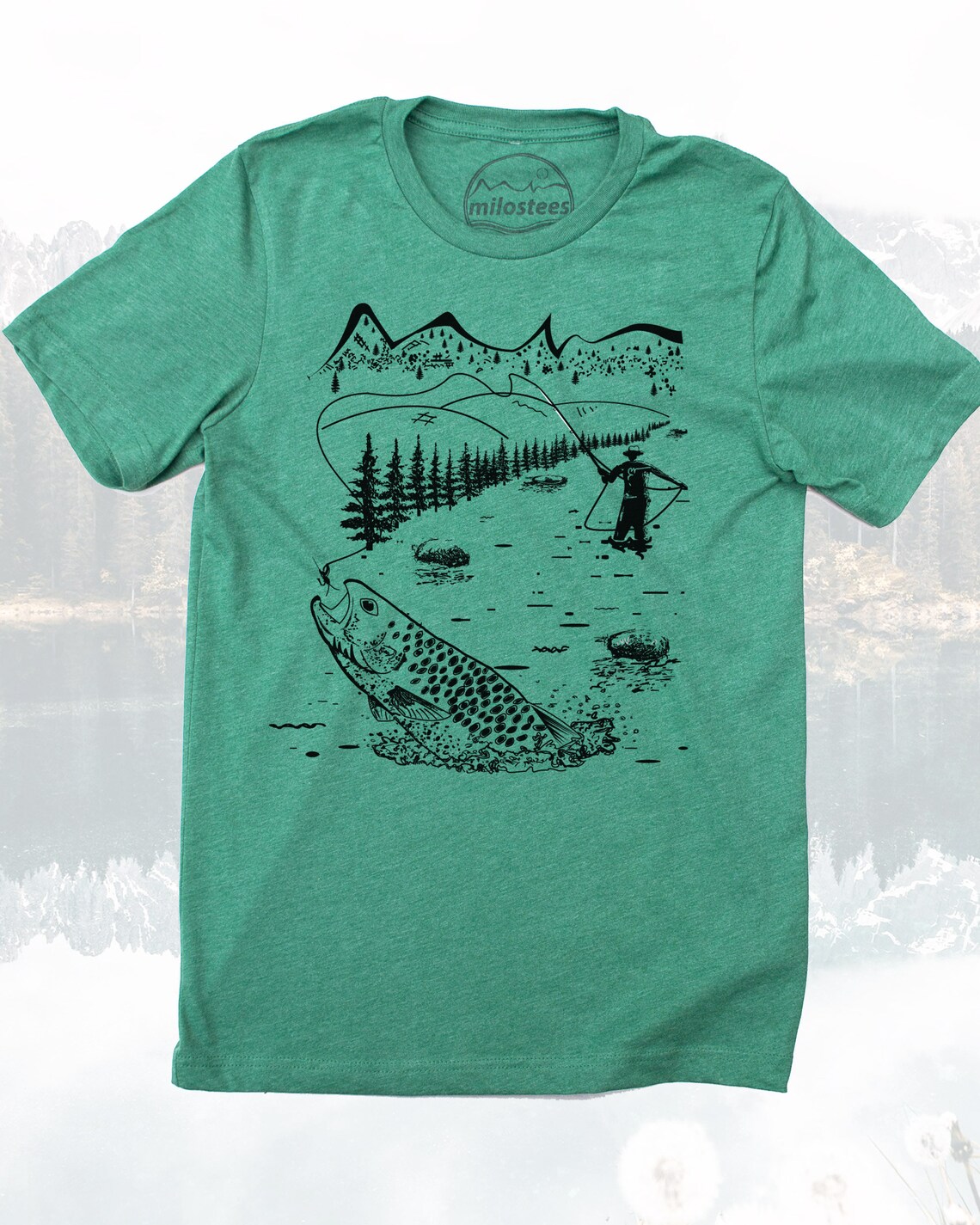 Fly Fishing Shirt Hand Print on Blue American Apparel Tee Etsy