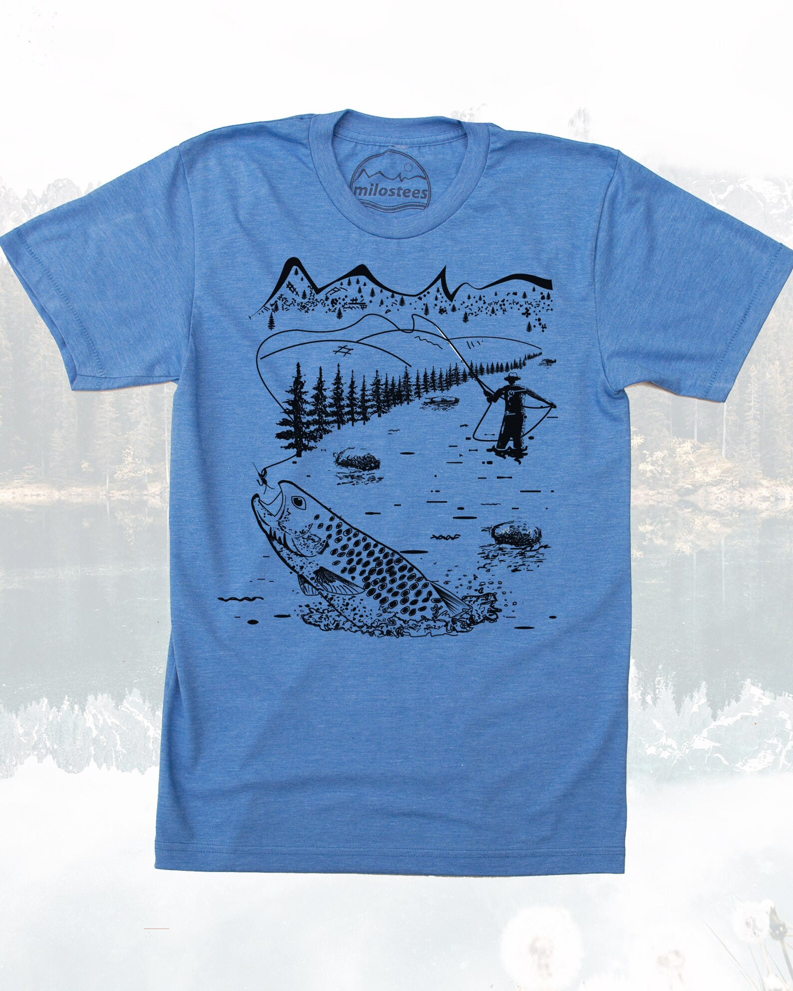 Fly Fishing Shirt Hand Print on Blue American Apparel Tee Etsy