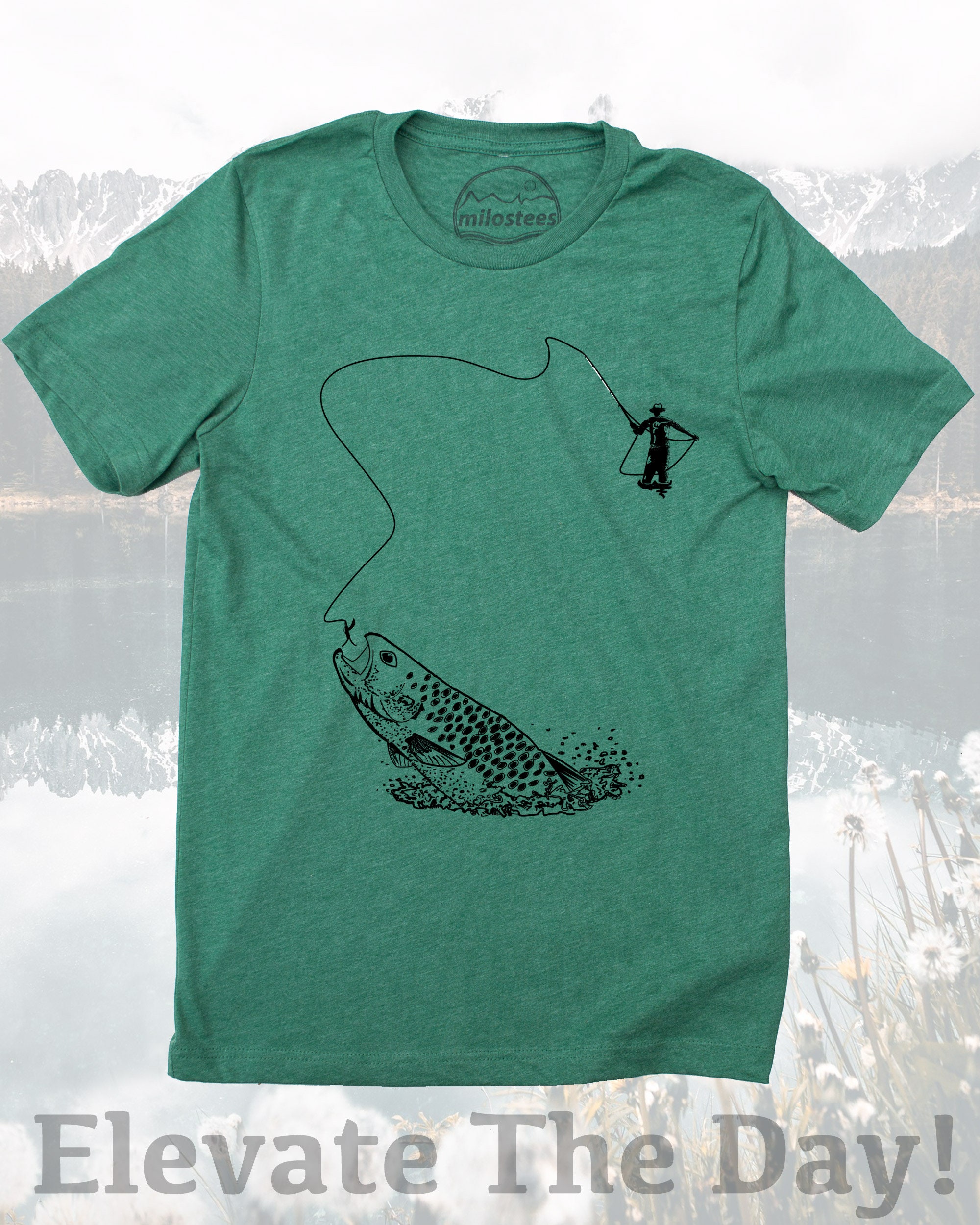 Fly Fish Shirt, Graphic of Fisherman Casting a Fly Line for a Fish Catch,  Screen Print on Soft 50/50 T in Army Green, Mens Fly Fishing Gift -   Canada